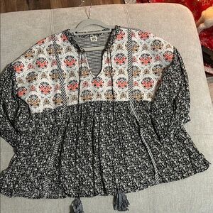 Bohemian Floral Blouse - Black, White, and Orange